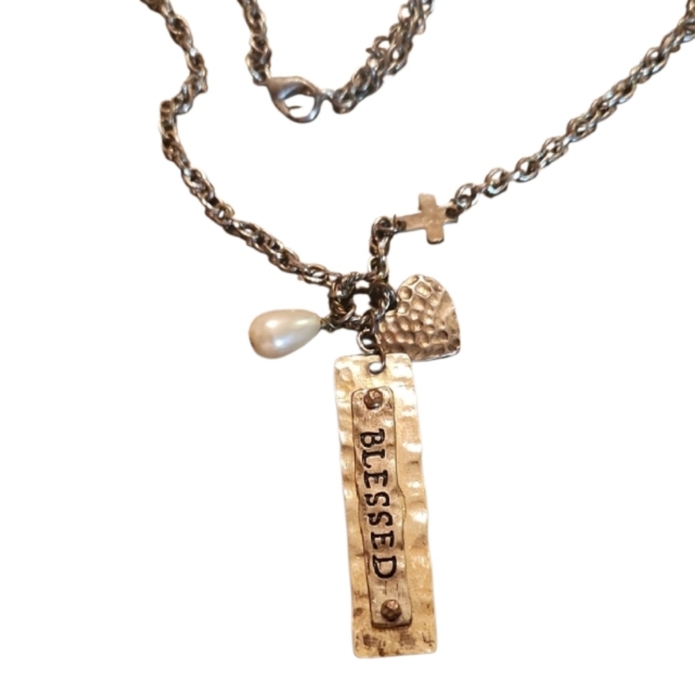 Silver and Gold 'Blessed' Pendant Necklace Hammered Charmed